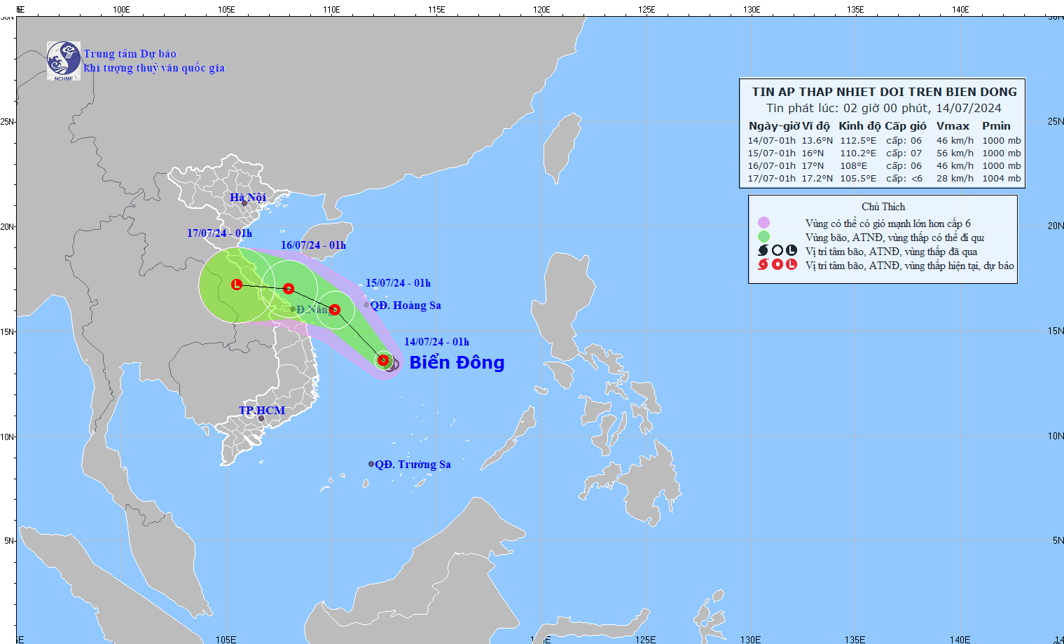 Ap thap nhiet doi vao bien Dong, canh bao mua lon tren 250mm