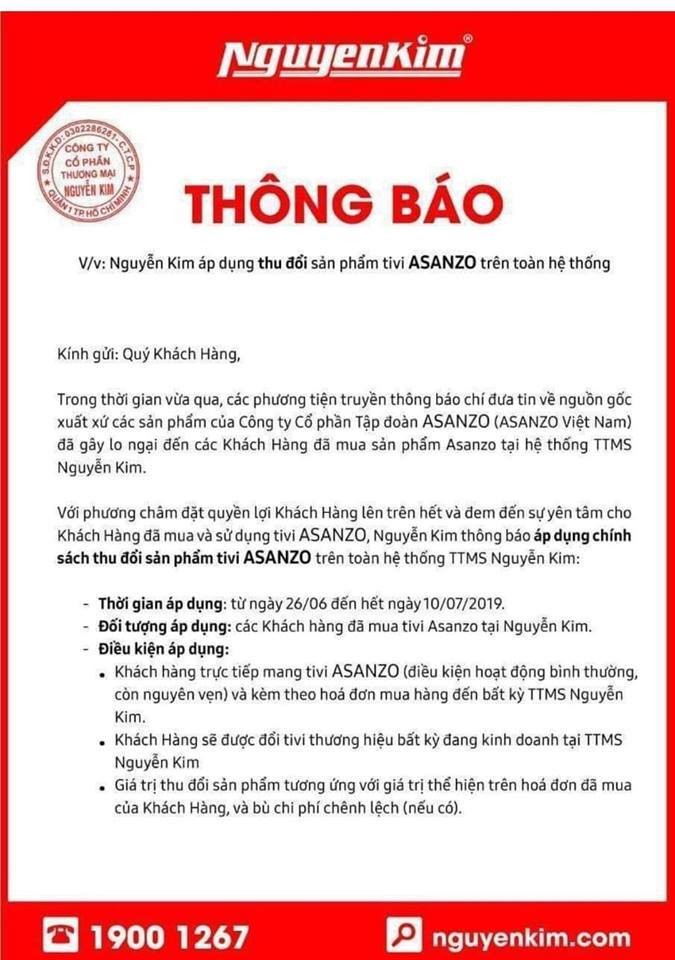 Vu hang Trung Quoc gan mac Viet: Nguyen Kim thu hoi, doi moi toan bo tivi hieu Asanzo cho khach hang