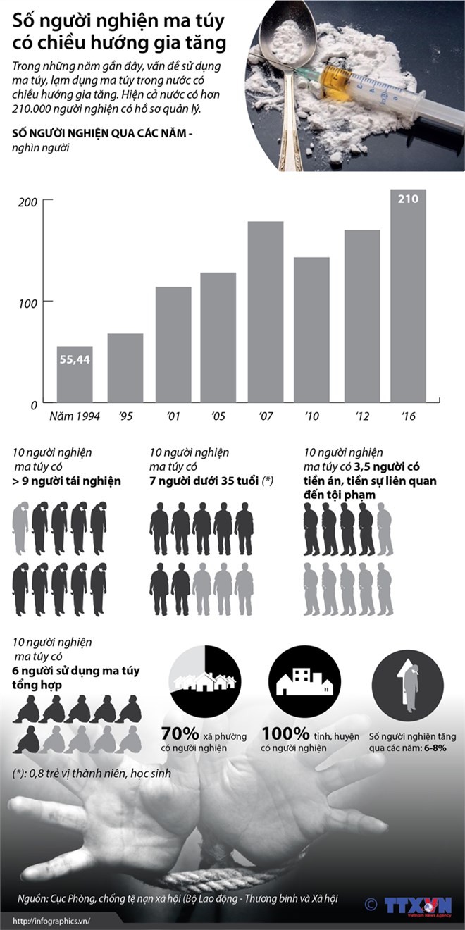 Infographics: Bao dong tinh trang nguoi nghien ma tuy o Viet Nam