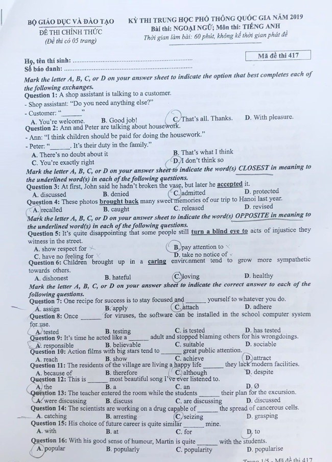 De thi va dap an mon Tieng Anh ky thi THPT quoc gia 2019