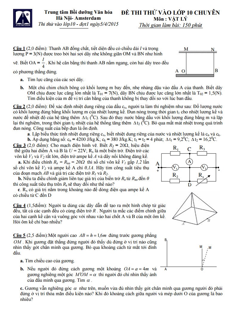 Dap an, de thi thu mon Ly vao lop 10 THPT Chuyen HN-Amsterdam