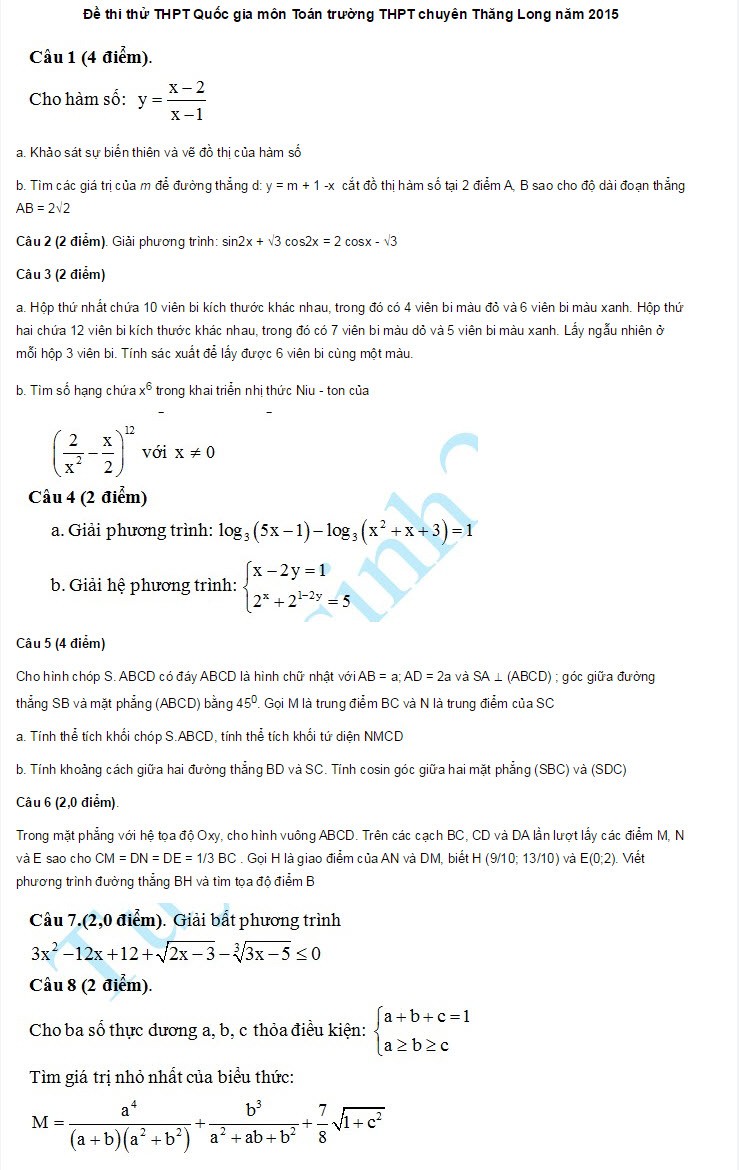 De thi thu THPT Quoc gia mon Toan 2015 - THPT chuyen Thang Long
