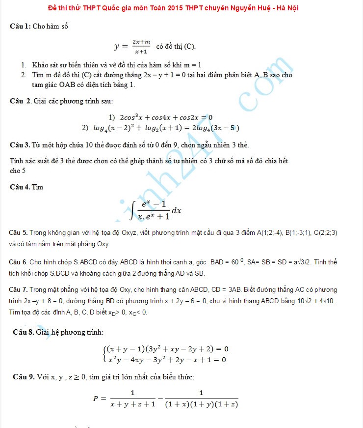 De thi thu THPT Quoc gia mon Toan 2015 chuyen Nguyen Hue