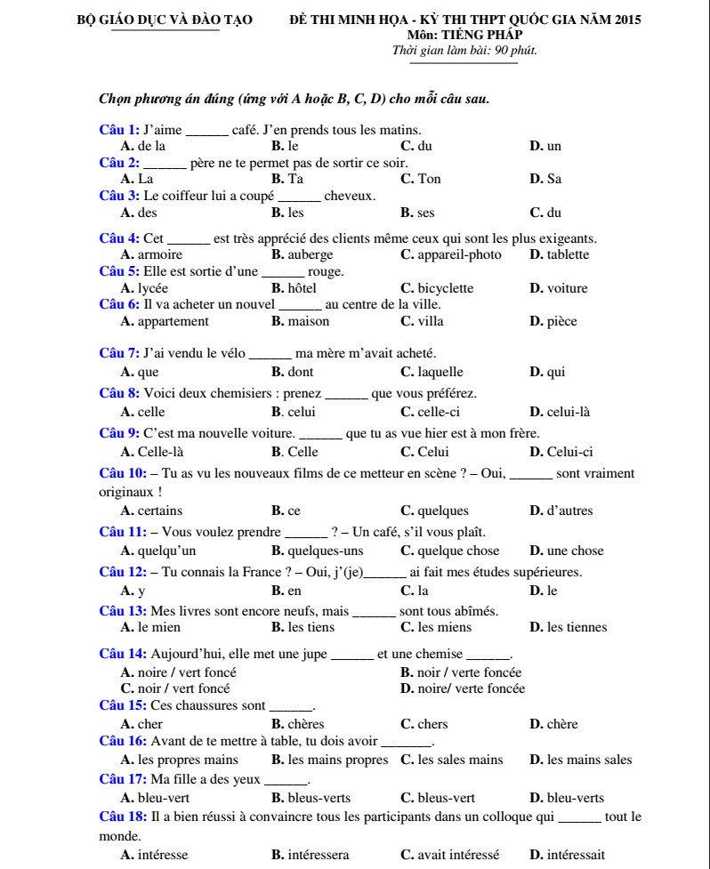 Dap an, de thi minh hoa THPT quoc gia 2015 mon Tieng Phap
