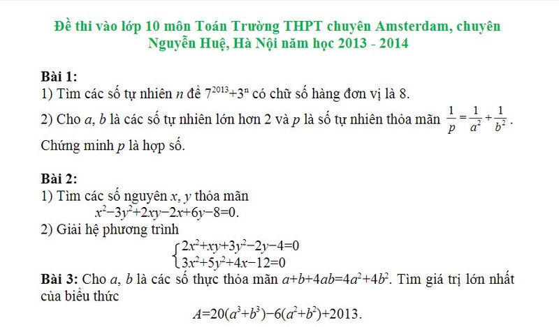 De thi vao lop 10 THPT chuyen HN-Amsterdam mon Toan nam 2014