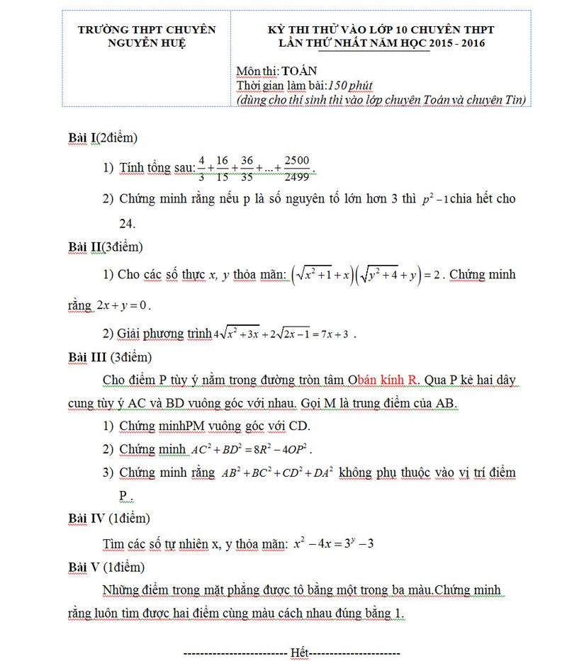 Dap an, de thi thu vao lop 10 mon Toan chuyen Nguyen Hue