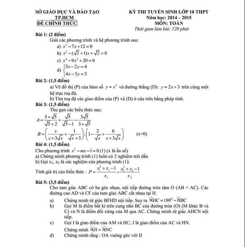 Dap an, De thi vao lop 10 THPT HCM mon Toan 2014