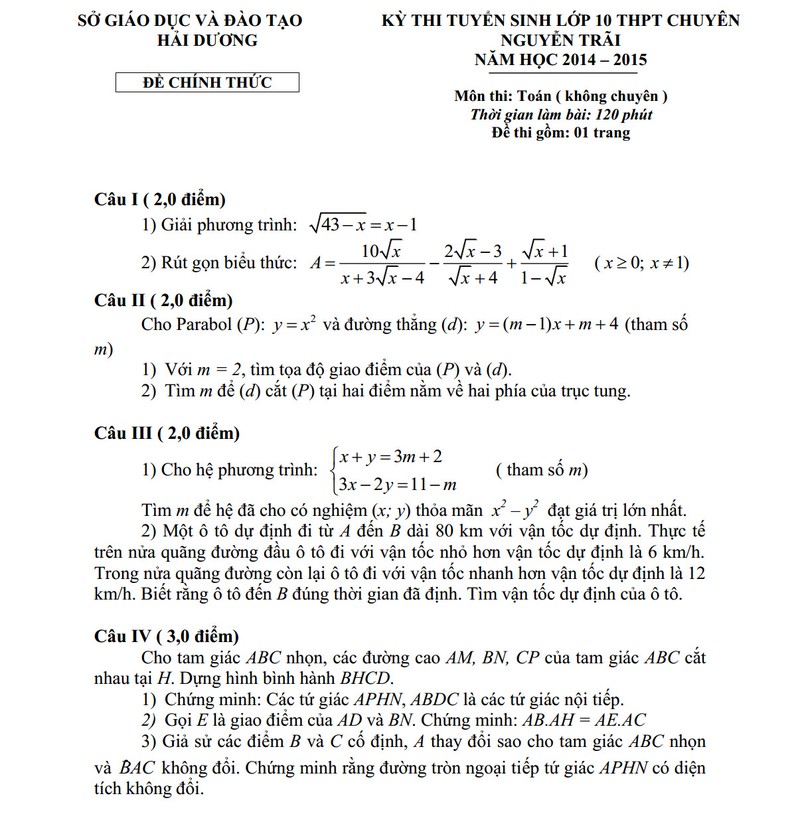 De thi vao lop 10 THPT mon Toan chuyen Nguyen Trai nam 2014