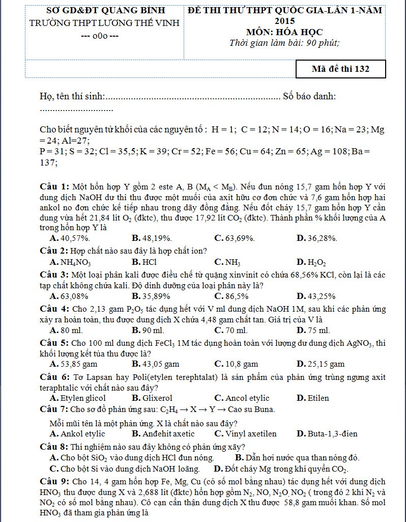 De thi thu THPT quoc gia 2015 mon Hoa THPT Luong The Vinh va dap an