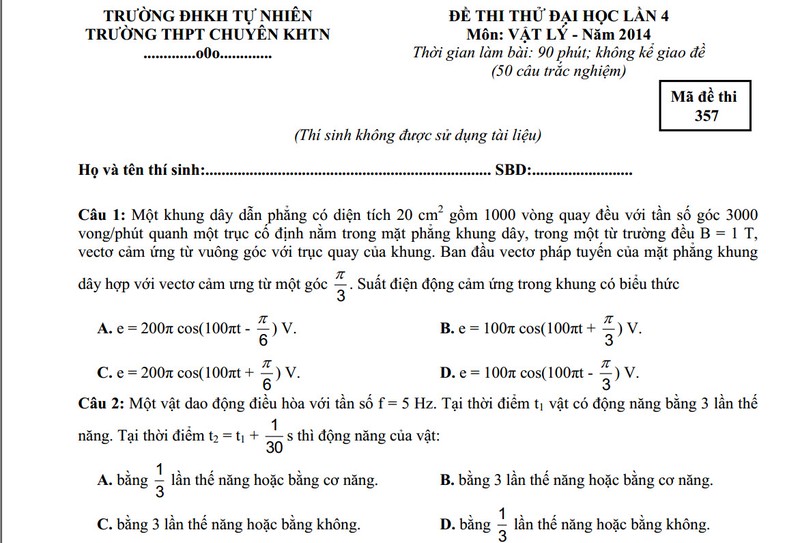 De thi thu THPT quoc gia 2015 mon Ly chuyen KHTN va dap an