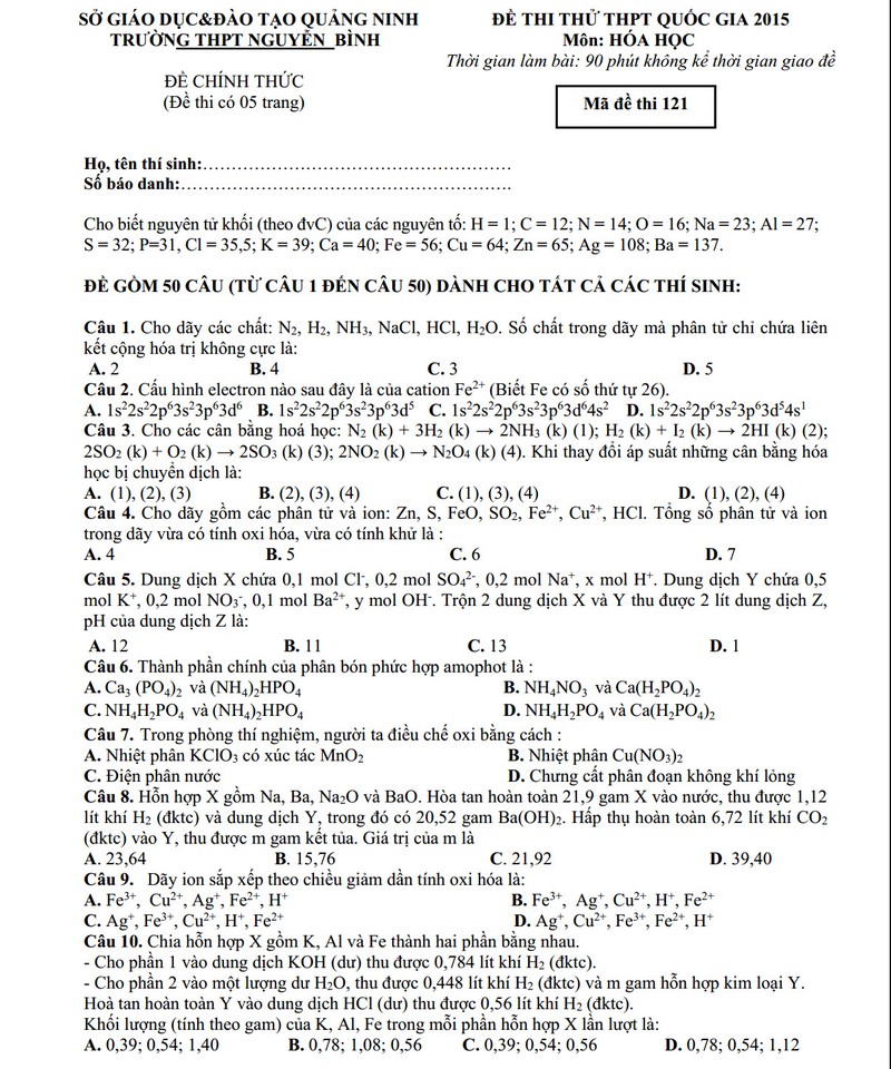 De thi thu THPT quoc gia 2015 mon Hoa hoc THPT Nguyen Binh