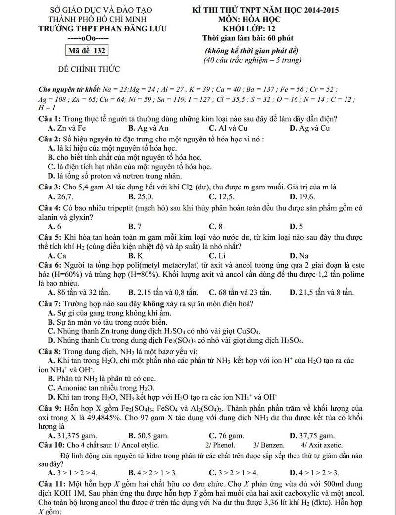 De thi thu THPT quoc gia 2015 mon Hoa hoc THPT Phan Dang Luu TP HCM