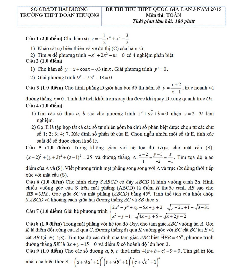 De thi thu THPT quoc gia 2015 mon Toan Hai Duong va dap an