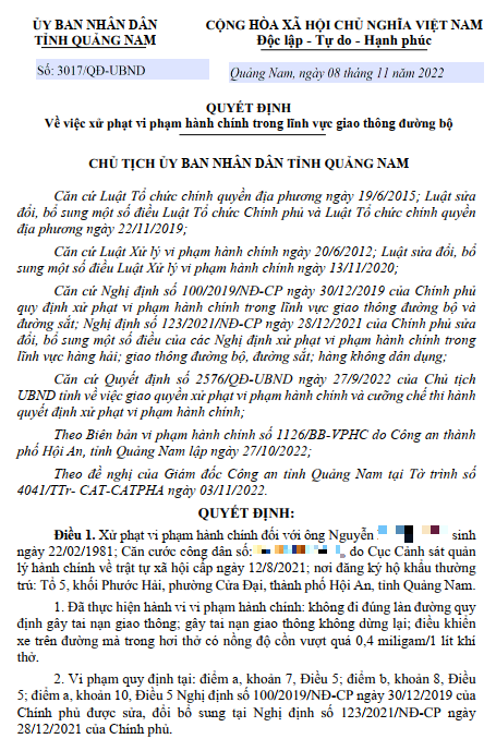 Quang Nam: Uong ruou bia gay tai nan, mot tai xe bi phat 63 trieu