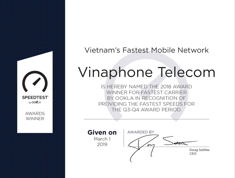 VinaPhone nhan giai thuong Speedtest ve nha mang co toc do 3G/4G so mot Viet Nam