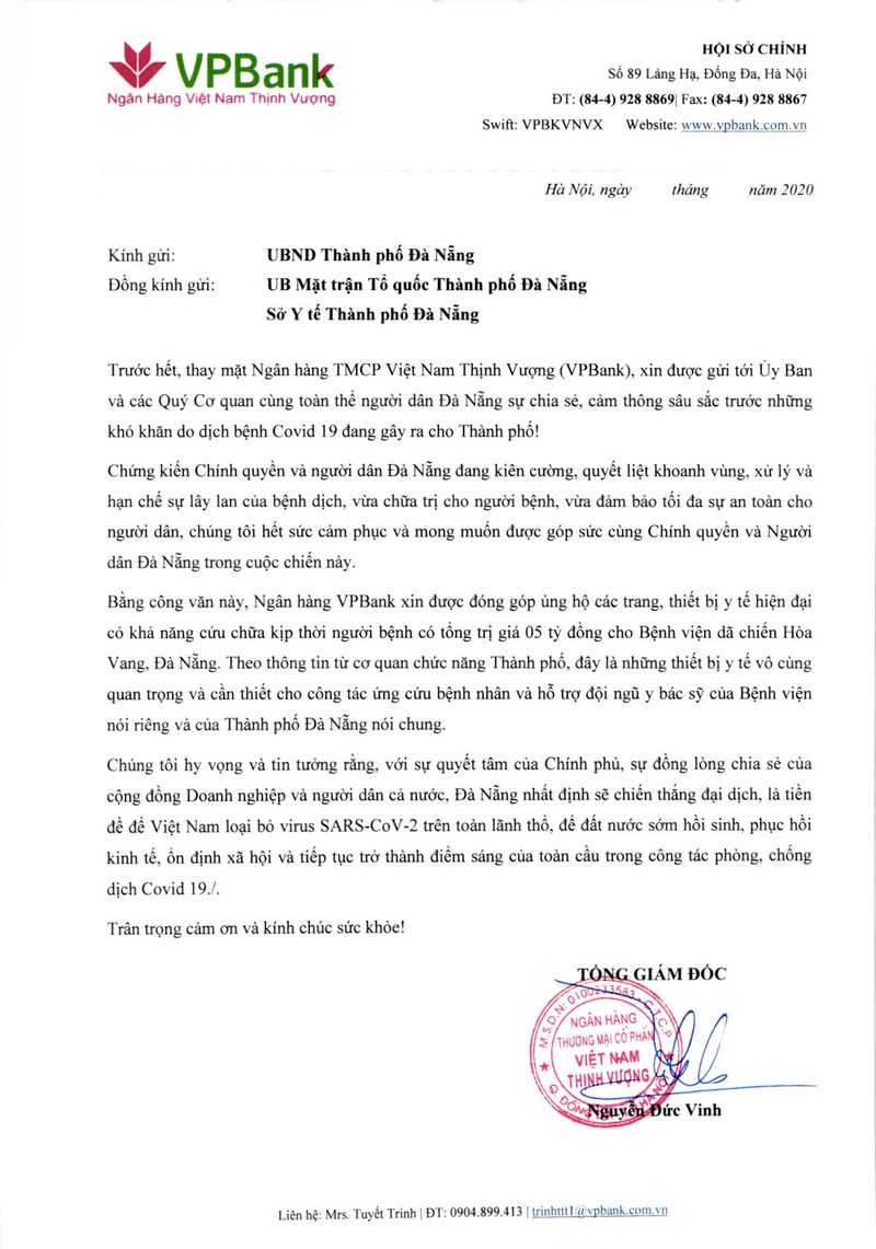 VPBank ung ho 5 ty dong cho benh vien da chien Hoa Vang, Da Nang