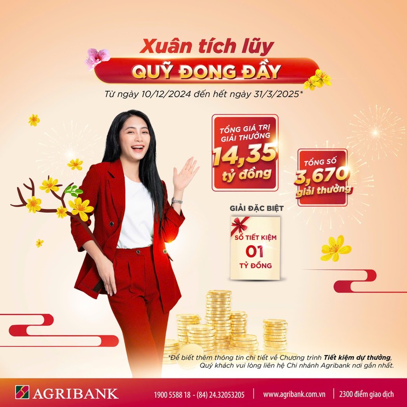 Agribank tang khach hang tham gia chuong trinh Tiet kiem du thuong “Xuan tich luy – Quy dong day”.