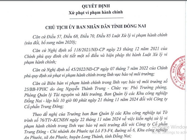 Vi pham moi truong, Cong ty CP Trung Dong bi xu phat 410 trieu