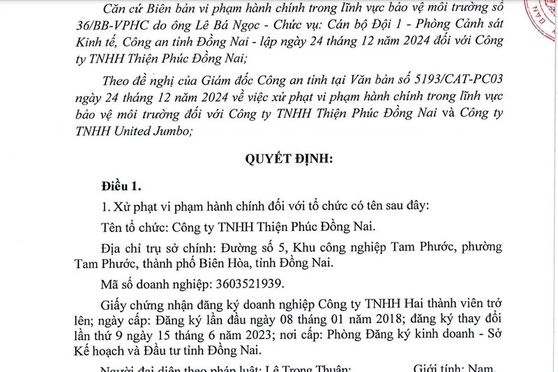 Vi phạm môi trường, Cty Thiện Phúc Đồng Nai bị xử phạt 470 triệu - Hình 2 Vi pham moi truong, Cty Thien Phuc Dong Nai bi xu phat 470 trieu-Hinh-2