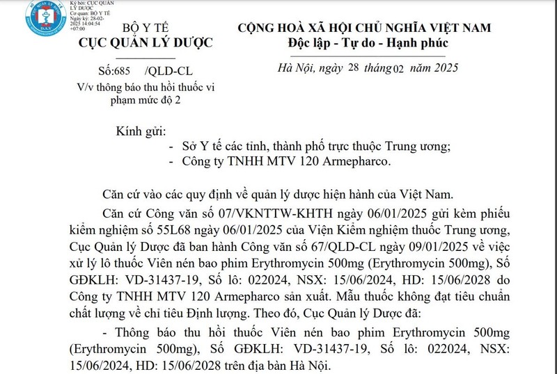 Thu hoi toan quoc thuoc Vien nen bao phim Erythromycin 500mg