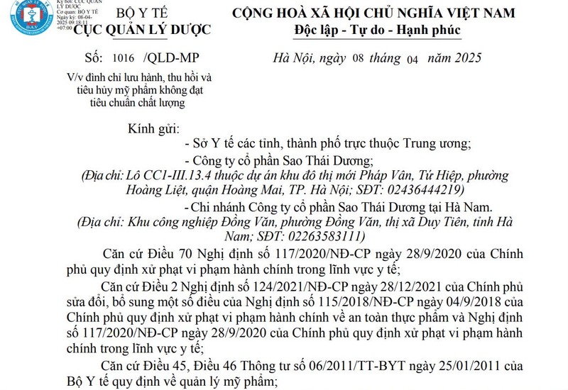 Thu hồi lô dầu gội dược liệu của Công ty Sao Thái Dương - Hình 2 Thu hoi lo dau goi duoc lieu cua Cong ty Sao Thai Duong-Hinh-2