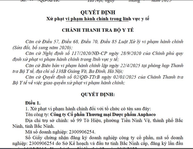 Công ty Cổ phần Thương mại Dược phẩm Anphaco bị xử phạt 70 triệu Cong ty Co phan Thuong mai Duoc pham Anphaco bi xu phat 70 trieu