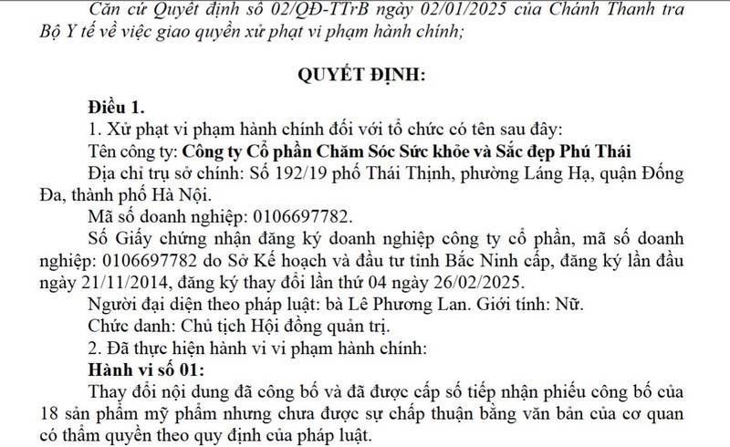 Công ty Chăm sóc sức khỏe và Sắc đẹp Phú Thái bị xử phạt Cong ty Cham soc suc khoe va Sac dep Phu Thai bi xu phat