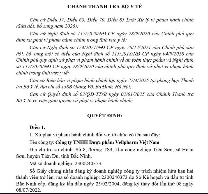 Công ty TNHH Dược phẩm Vellpharm Việt Nam bị xử phạt 30 triệu Cong ty TNHH Duoc pham Vellpharm Viet Nam bi xu phat 30 trieu
