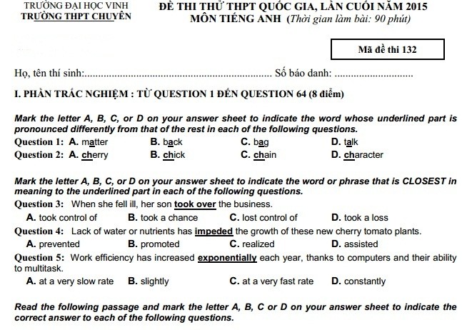 De thi thu THPT quoc gia lan 4 mon Tieng Anh truong chuyen Dai hoc Vinh