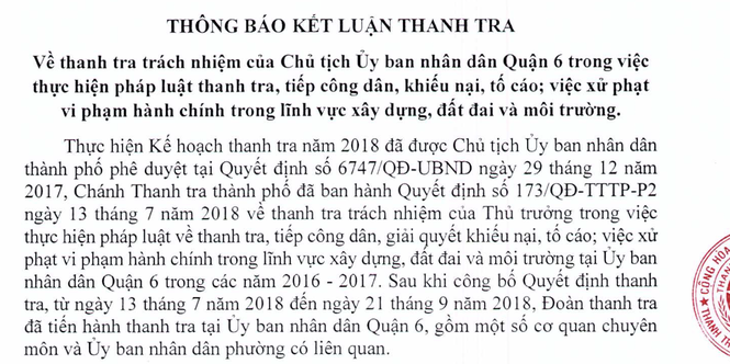 Ket luan thanh tra trach nhiem Chu tich UBND Quan 6