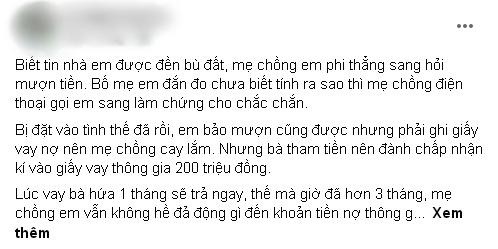 Me chong vay tien thong gia, con dau tuc uat nghen khi 'xin lai'