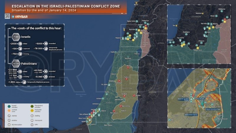 Bản đồ xung đột Israel - Hamas ngày 14/1. (Ảnh: Rybar)