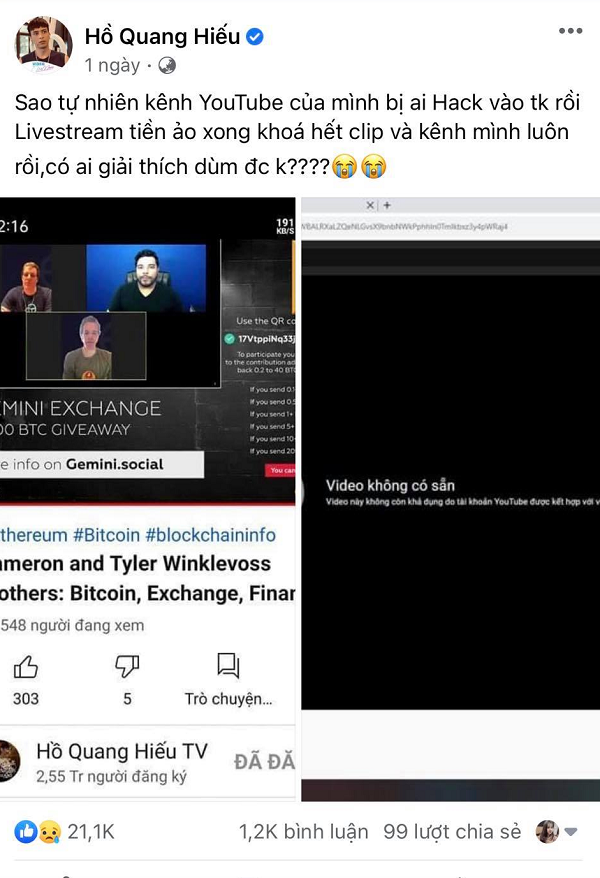 Ly Hai, Ho Quang Hieu bi hack kenh YouTube de quang cao bitcoin