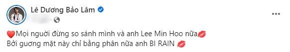 Sau Lee Min Ho, Le Duong Bao Lam tu so sanh voi Bi Rain