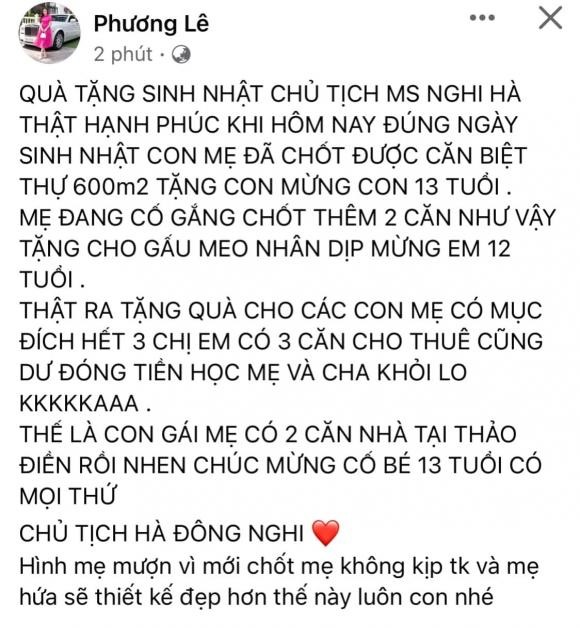 Hoa hau Phuong Le tang con gai biet thu 600m2 hoanh trang