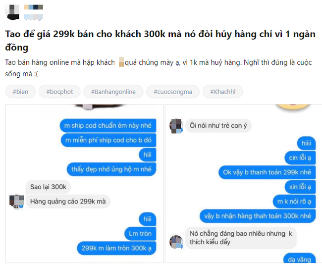 Chu shop online dieng nguoi khi khach huy don chi vi 1000 dong