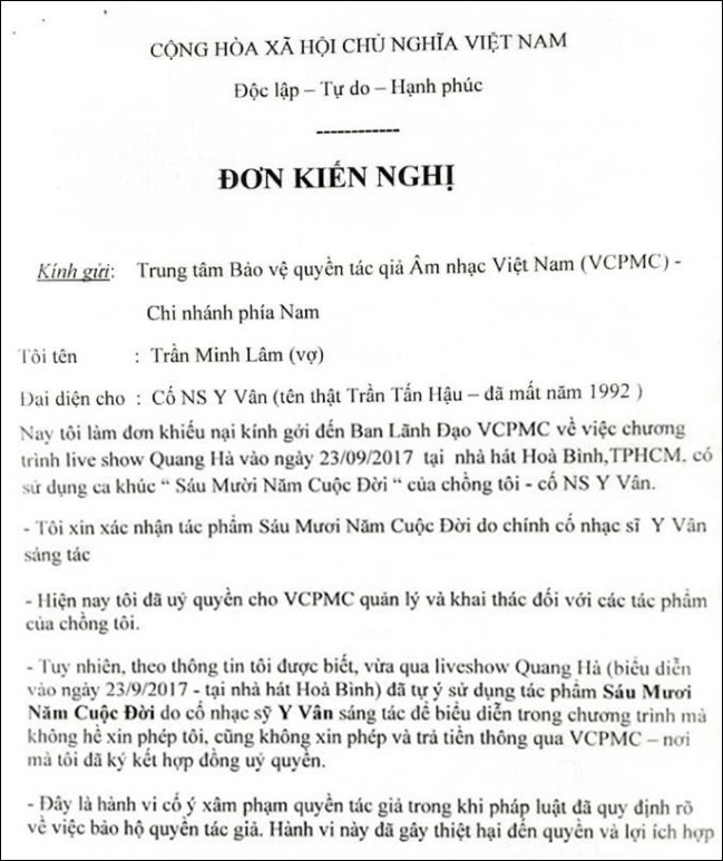 Quang Ha bi vo co nhac si Y Van khieu kien 