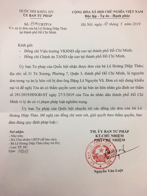 Ly do ba Le Hoang Diep Thao de nghi xem lai ban an ly hon