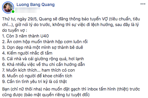 Doc than chua duoc 1 thang, Luong Bang Quang dang dan tuyen vo