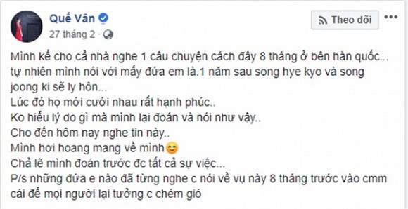 Que Van lai khien fan phai nhac den minh sau vu Song-Song ly hon