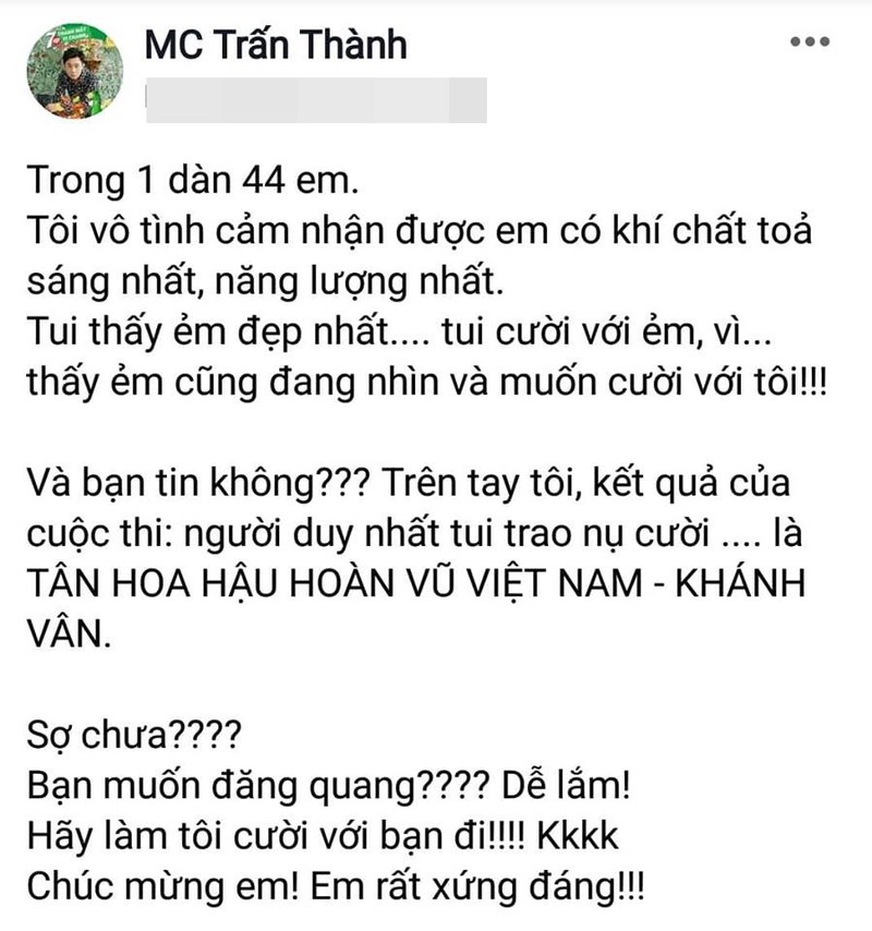 Tran Thanh khen Nguyen Tran Khanh Van xung dang dang quang