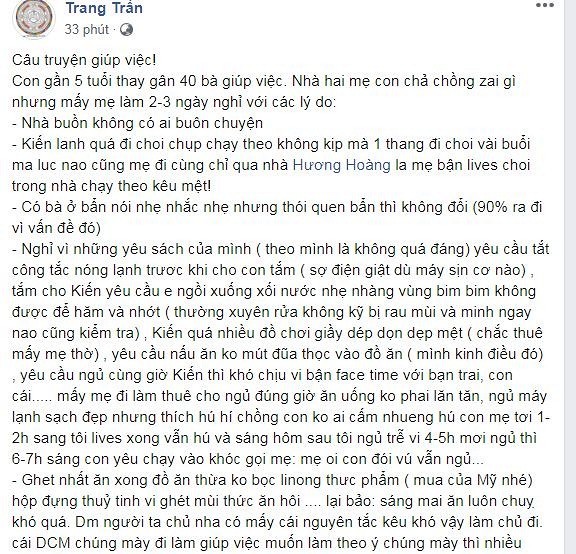 Thay gan 40 nguoi giup viec, Trang Tran bi chong che kho tinh