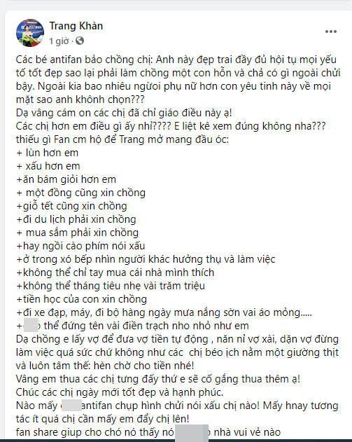Trang Tran gach 14 dau dong chat chua dap tra anti fan