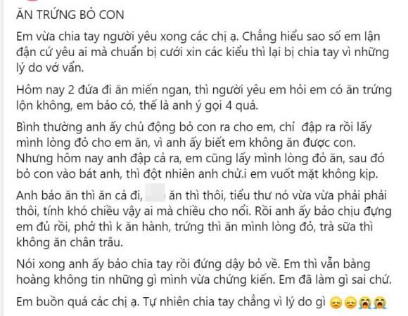 Co gai bi nguoi yeu chia tay vi an trung vit lon bo con