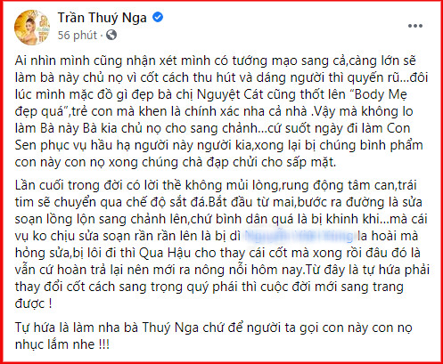 Thuy Nga buc xuc vi bi khinh thuong, hua voi long se sua soan long lon