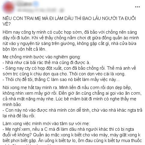 Bi me chong mang di lam tron viec nha, nang dau tra loi cung hong