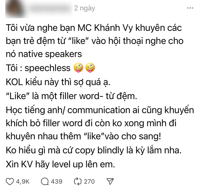 Vuong tranh cai ve kha nang tieng Anh, MC Khanh Vy noi gi?