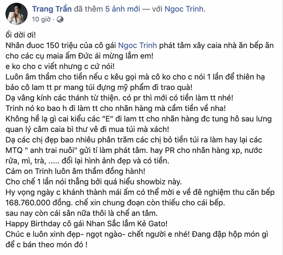 Cong khai chuyen tu thien cua Ngoc Trinh, Trang Tran 