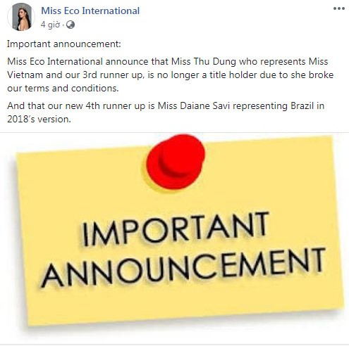 Thu Dung bi tuoc danh hieu A hau Miss Eco International?