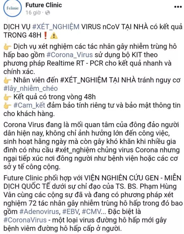 Phong kham Future Clinic quang cao dich vu xet nghiem virus corona tai nha, So Y te vao cuoc